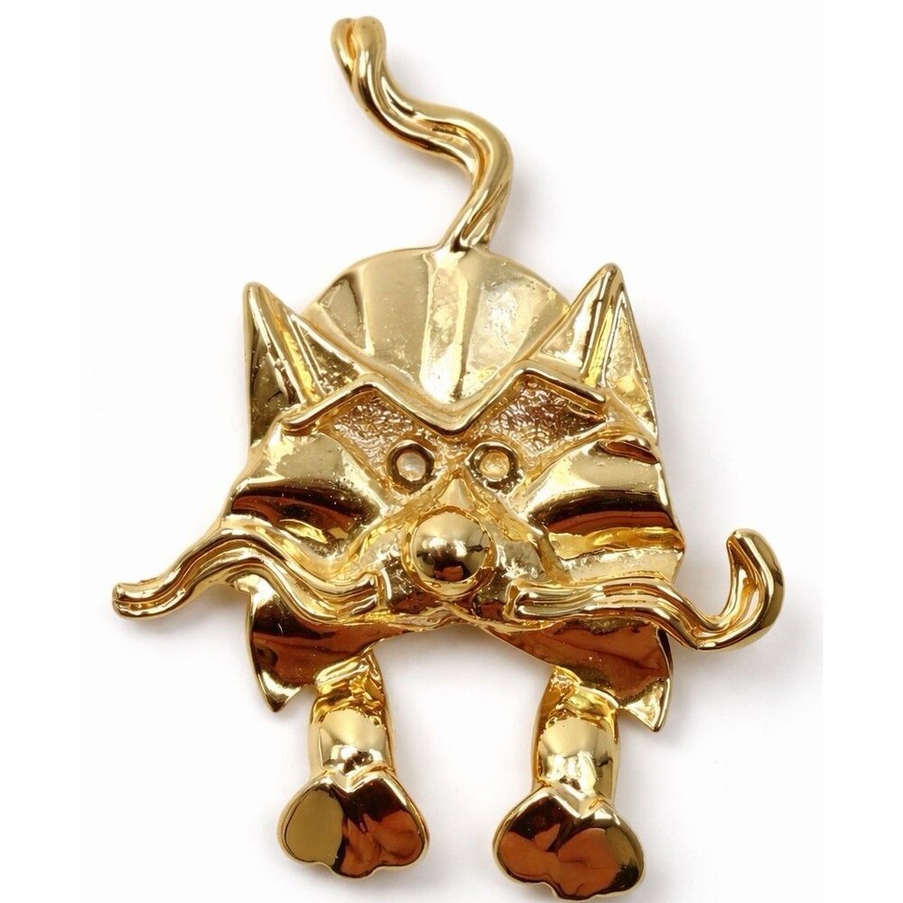 Vintage Gold Cat Brooch Figural Animal Pin Whimsical Kitsch Statement Kitty
